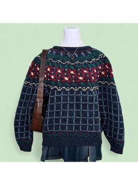 90s blue plaid embroidered cottagecore granola granny sweater